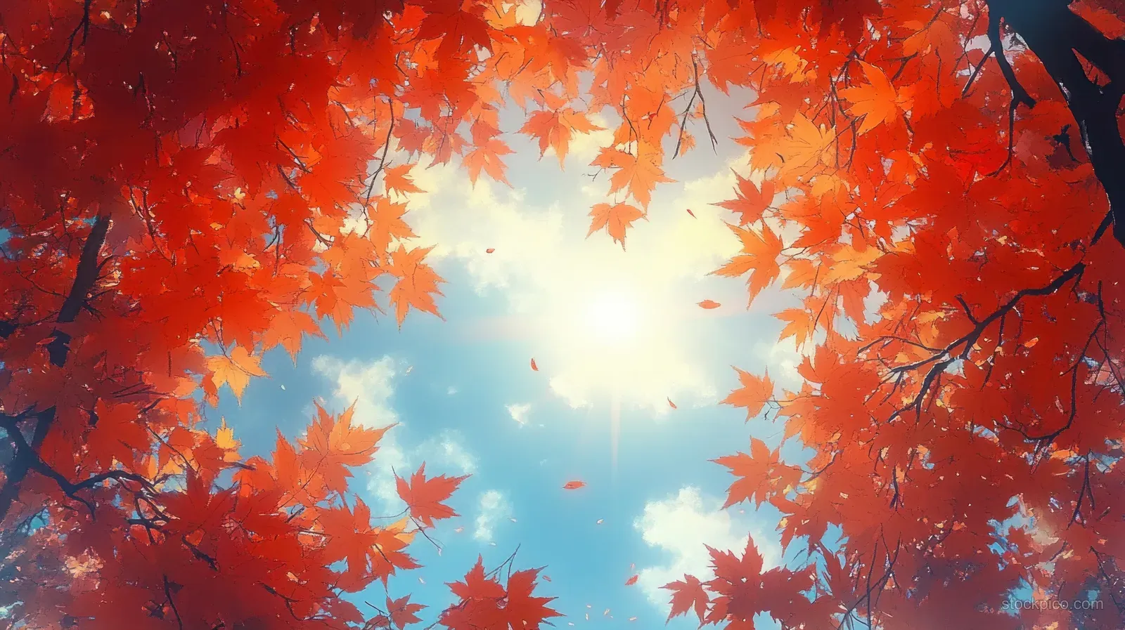 Red maple leaves with sun rays shining through tree branches against a blue sky.