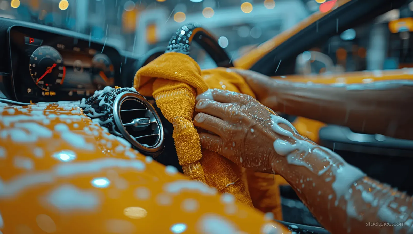 A hand wipes a luxury car dashboard with a yellow rag near the speedometer.