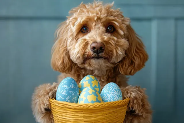 Curious small brown curly dog holding a wicker basket of decorated Easter eggs