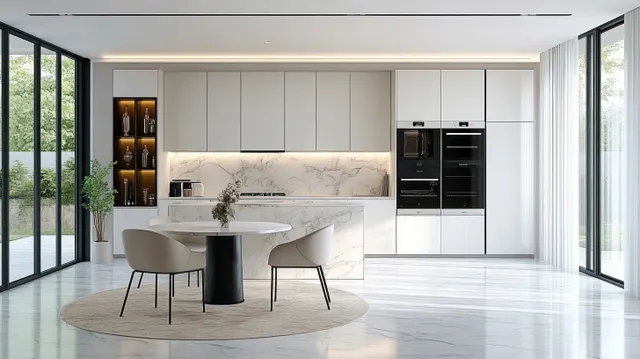 Sunlit modern kitchen interior with white cabinets, marble counter, round dining table, and two glass-window openings.