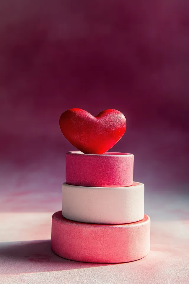 Red heart-shaped decor perched on stacked pink cylinders against a blurred gradient backdrop