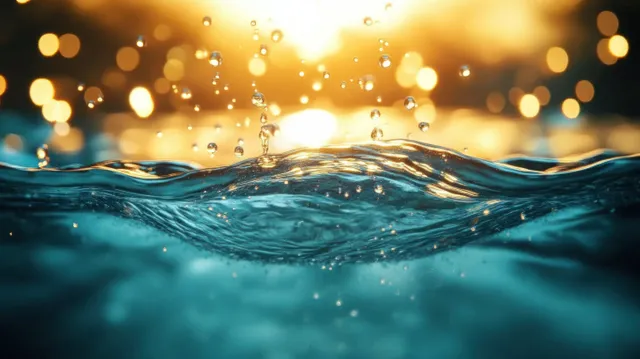 Water droplets splashing over rippling surface with golden bokeh lights