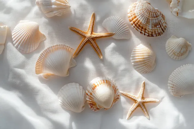 Sea shells and two starfish arranged on soft white fabric under gentle warm light.