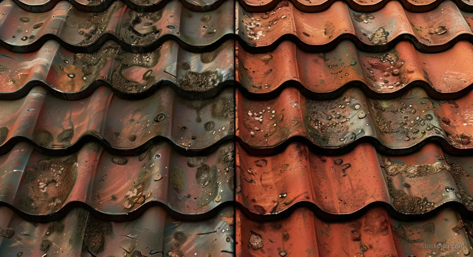 Overlapping curved red roof tiles with dark stains and grime showing weathered outdoor wear.