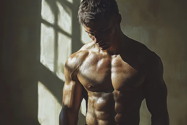 Muscular bodybuilder posing shirtless in dramatic window light, defined chest and shoulders