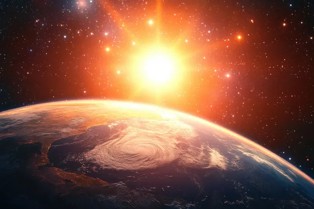 Earth from orbit with swirling storm clouds and radiant sun over starry space backdrop
