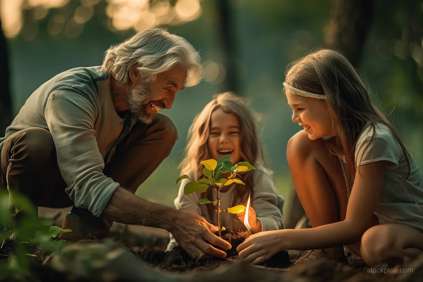 Grandfather and granddaughter kneel in a forest, planting a small sapling with hands in the soil.