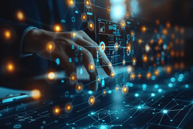 An executive hand interacts with a glowing digital organization chart workflow and connected hierarchy nodes on a screen.