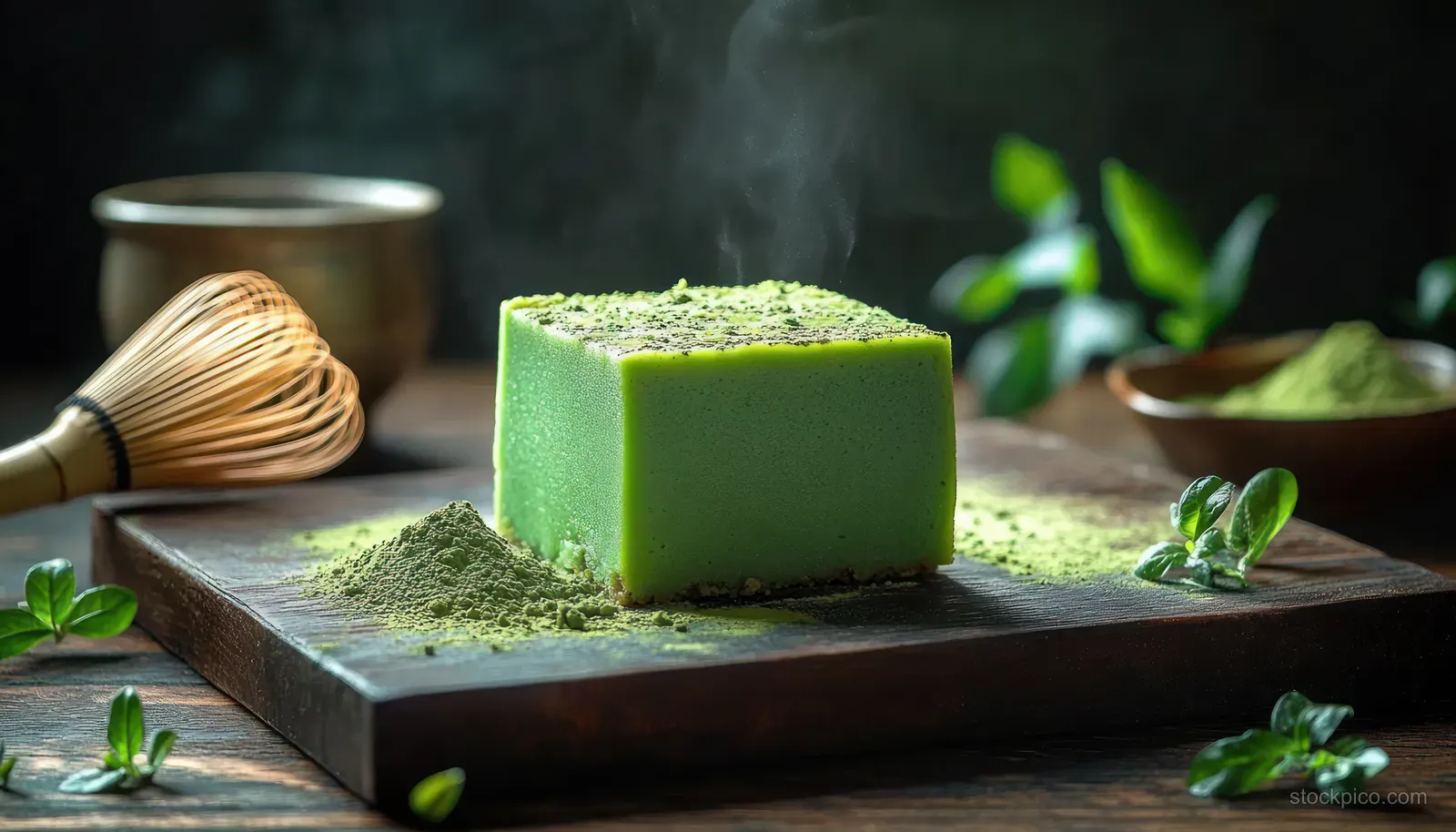 Steaming square matcha mousse cake sits on a wooden board with matcha powder, a tea whisk, and green leaves nearby.