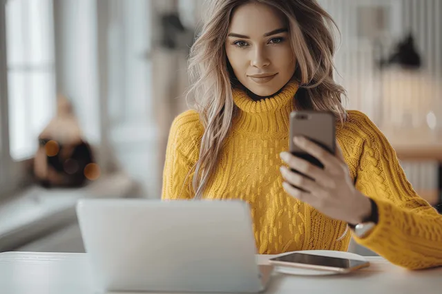 Woman in a yellow sweater holds a smartphone while working on an open laptop at a white office table.