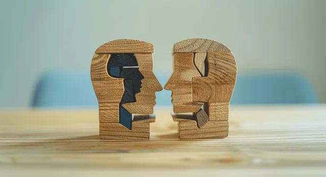 Wooden heads facing each other as they share notes on effective teamwork communication