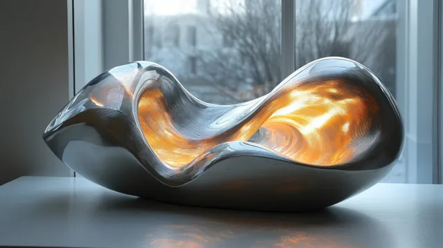 Iridescent abstract sculpture on windowsill with soft ambient light and flowing curves