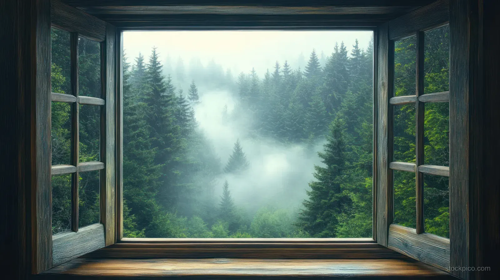 Open wooden window reveals a dense pine forest filled with drifting fog and green evergreen trees.