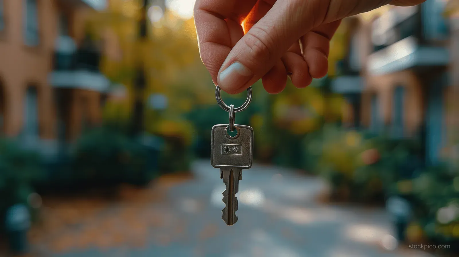 A hand holds a house key while a sunny residential street with blurred buildings fills the background.