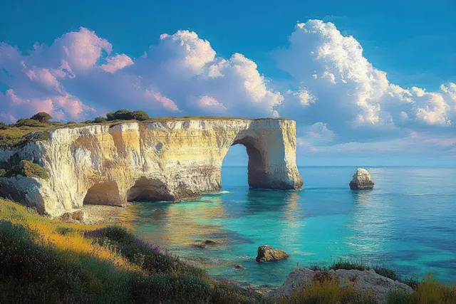 Sunlit rocky coastal cliffs form a natural arch over turquoise ocean water under a blue sky with clouds.