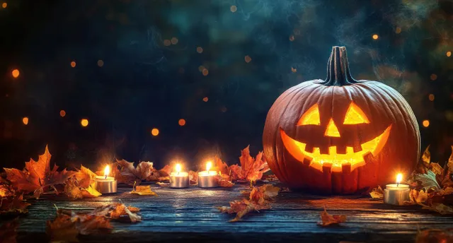 Glowing carved jack-o-lantern with a smiling face sits on a wooden surface near lit candles and fallen autumn leaves.