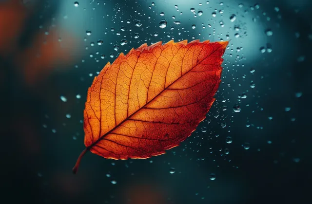 Autumn maple leaf clinging to a rainy window, backlit by soft sunlight