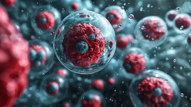 3D microscopic virus spheres in blue tissue fluid with glowing red cancer cells and particles