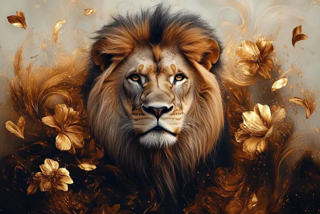 Majestic lion portrait surrounded by golden abstract floral swirls and radiant light.