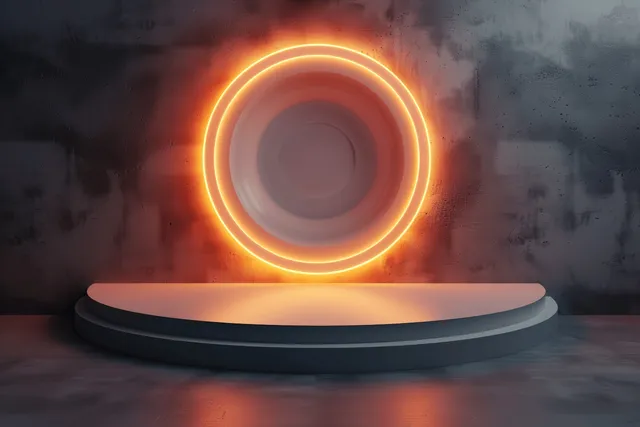 Glowing circular ring on minimalist podium inside futuristic interior backdrop