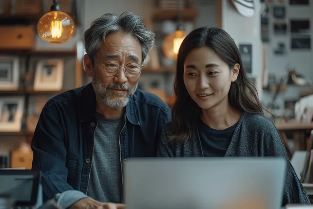 Male and female designers collaborate at office desks, discussing digital project on laptops