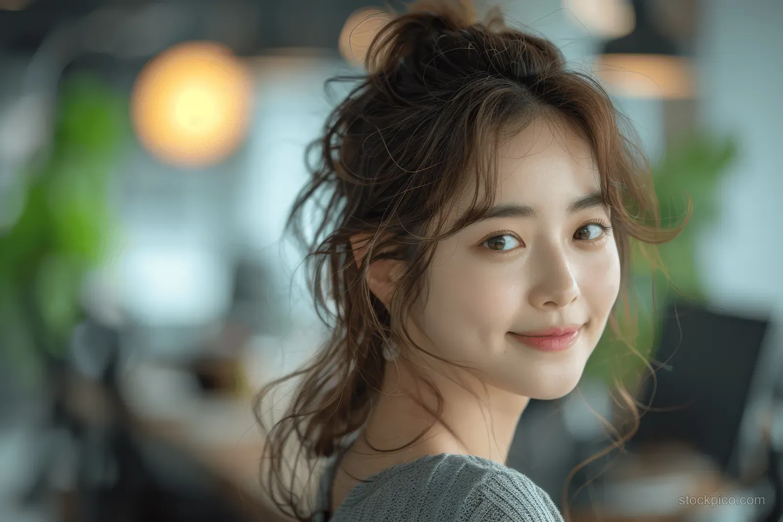 A smiling young Asian woman waves in a bright office lobby as natural light highlights her face and hair.