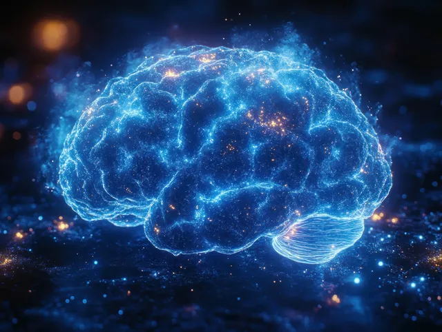 A glowing blue 3D brain with branching neural light patterns floating on a dark background.