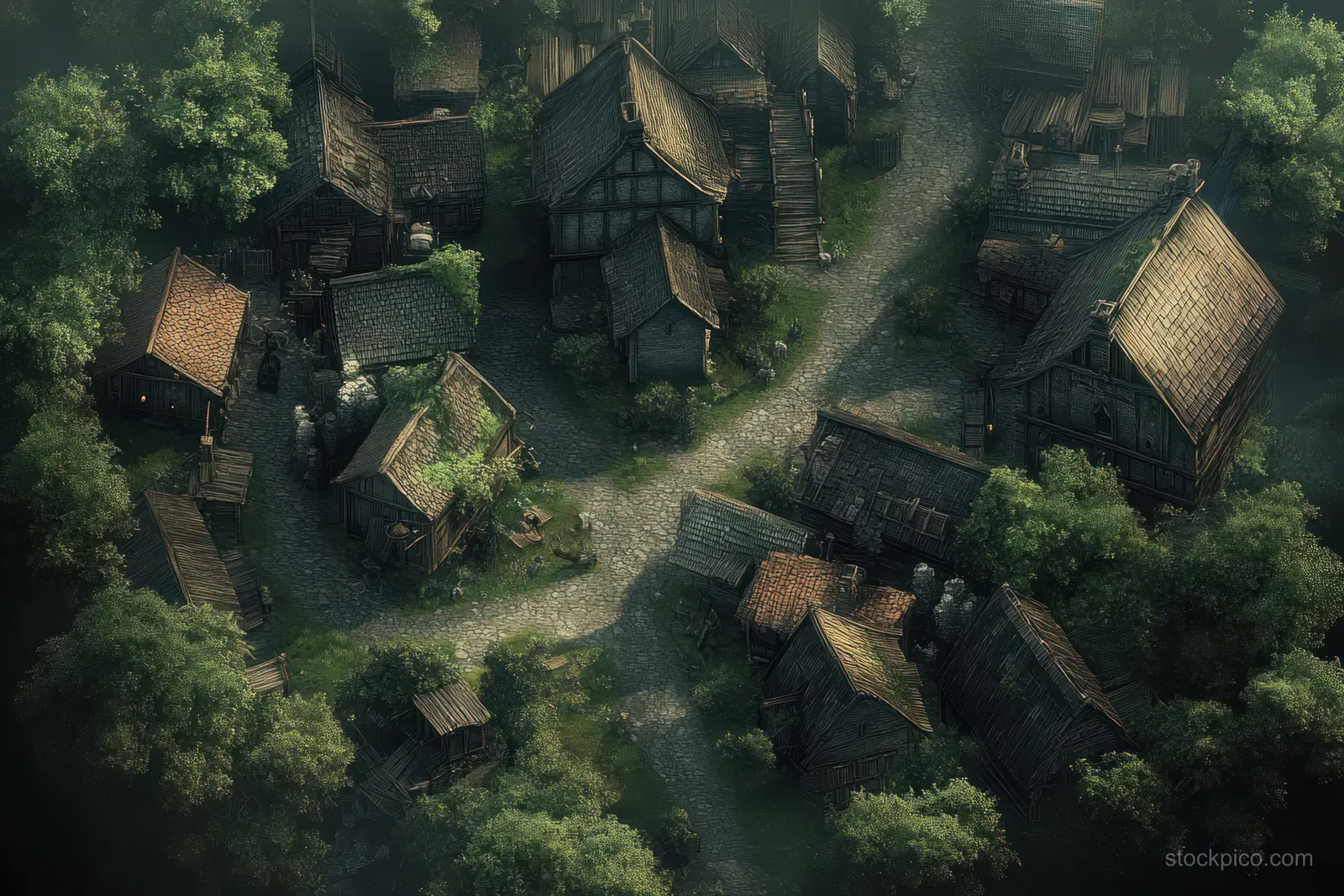 Aerial shot of an abandoned medieval village with misty wraiths floating between dark rooftops and narrow paths.