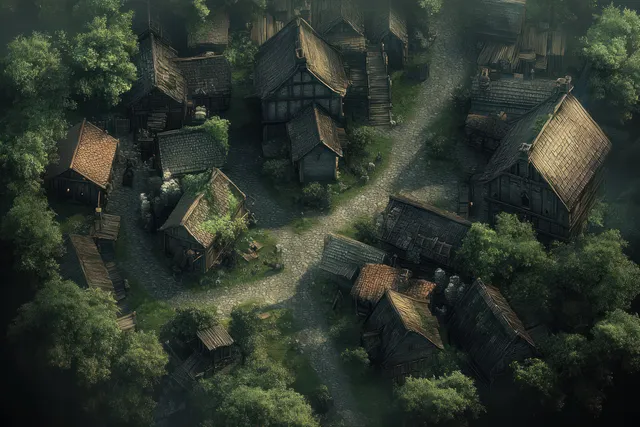 Aerial shot of an abandoned medieval village with misty wraiths floating between dark rooftops and narrow paths.