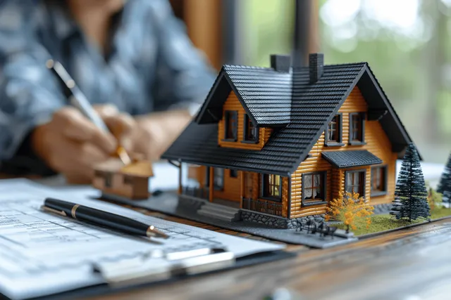 Blurred realtor signing mortgage documents with a miniature house model on a desk.