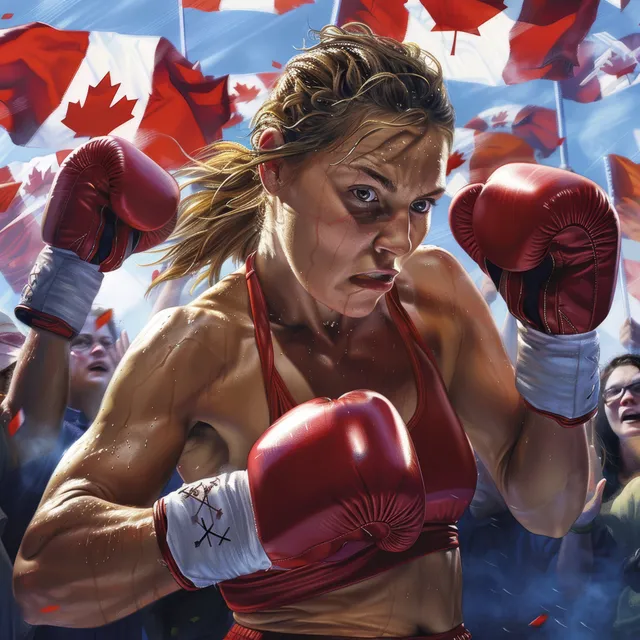 Female featherweight boxer throws punches in a Canada-flag filled arena