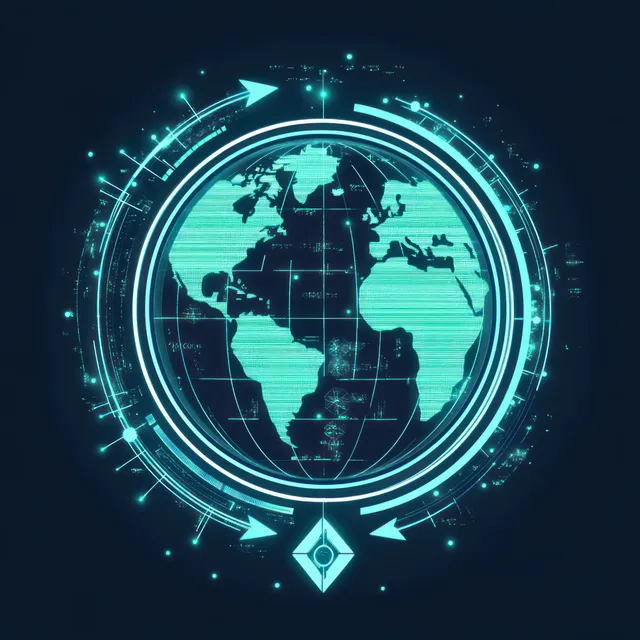 A glowing holographic globe inside a circular interface displays network links and floating data points.