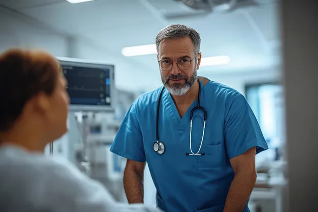 A doctor talks with an overweight patient in an emergency room while medical monitors glow in the background.