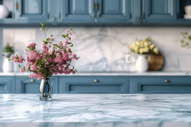 Pink flowers in a clear glass vase sit on a white marble kitchen countertop with blurred blue cabinets behind.