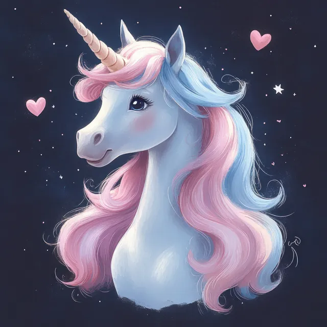 A gentle unicorn with pastel pink and blue mane stands against a starry night sky with floating pink hearts.