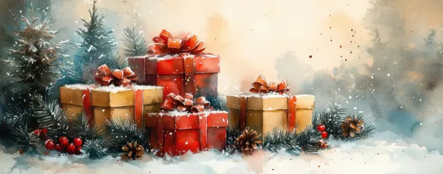 Colorful Christmas gift boxes with ribbons and bows sit beside pine branches and berries in a soft snowy watercolor background.