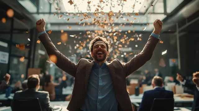 Businessman Celebrates Team Success in Modern Office Under Confetti