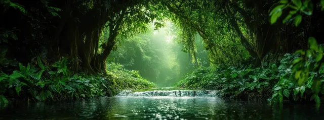 Sunlight beams through dense green trees onto a calm stream flowing through a forest.