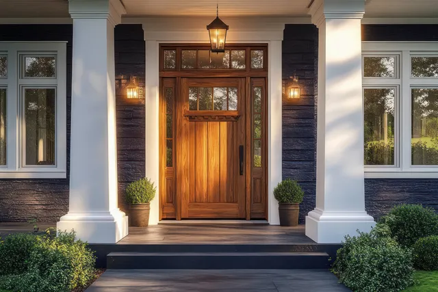 Wooden front door sits at a covered porch entrance with stone steps, columns, warm hanging lights, and trimmed shrubs.