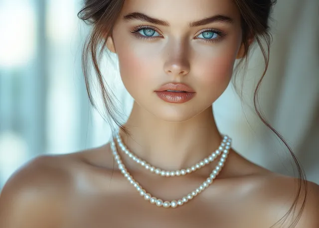 Woman wearing layered pearl necklaces with soft window light and a minimal blurred background.
