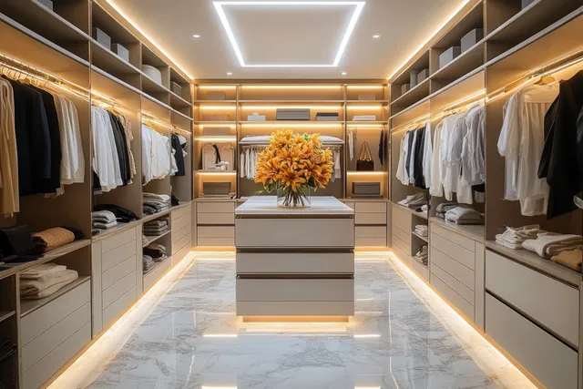 Modern walk-in closet with marble floor, lit shelves, organized hangers, folded clothes, and an island with orange flowers.