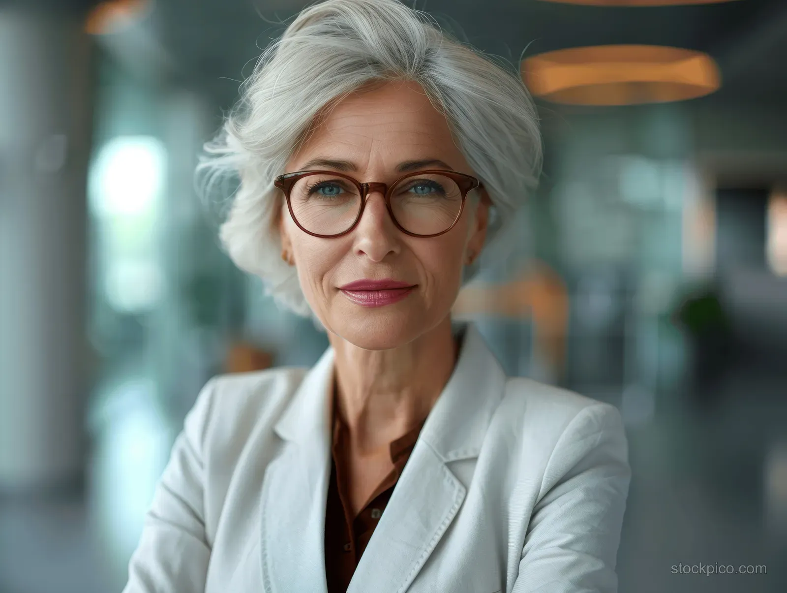 Smiling senior woman with gray hair wearing a white blazer in a blurred office hallway.