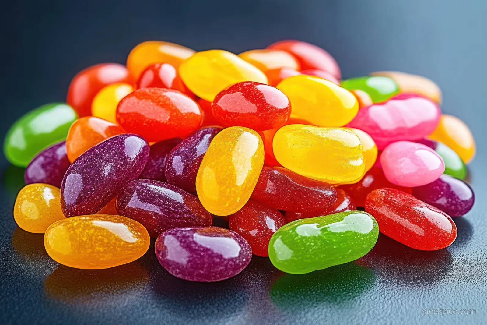 Glossy multicolored jelly beans are piled on a dark surface in a close-up view.