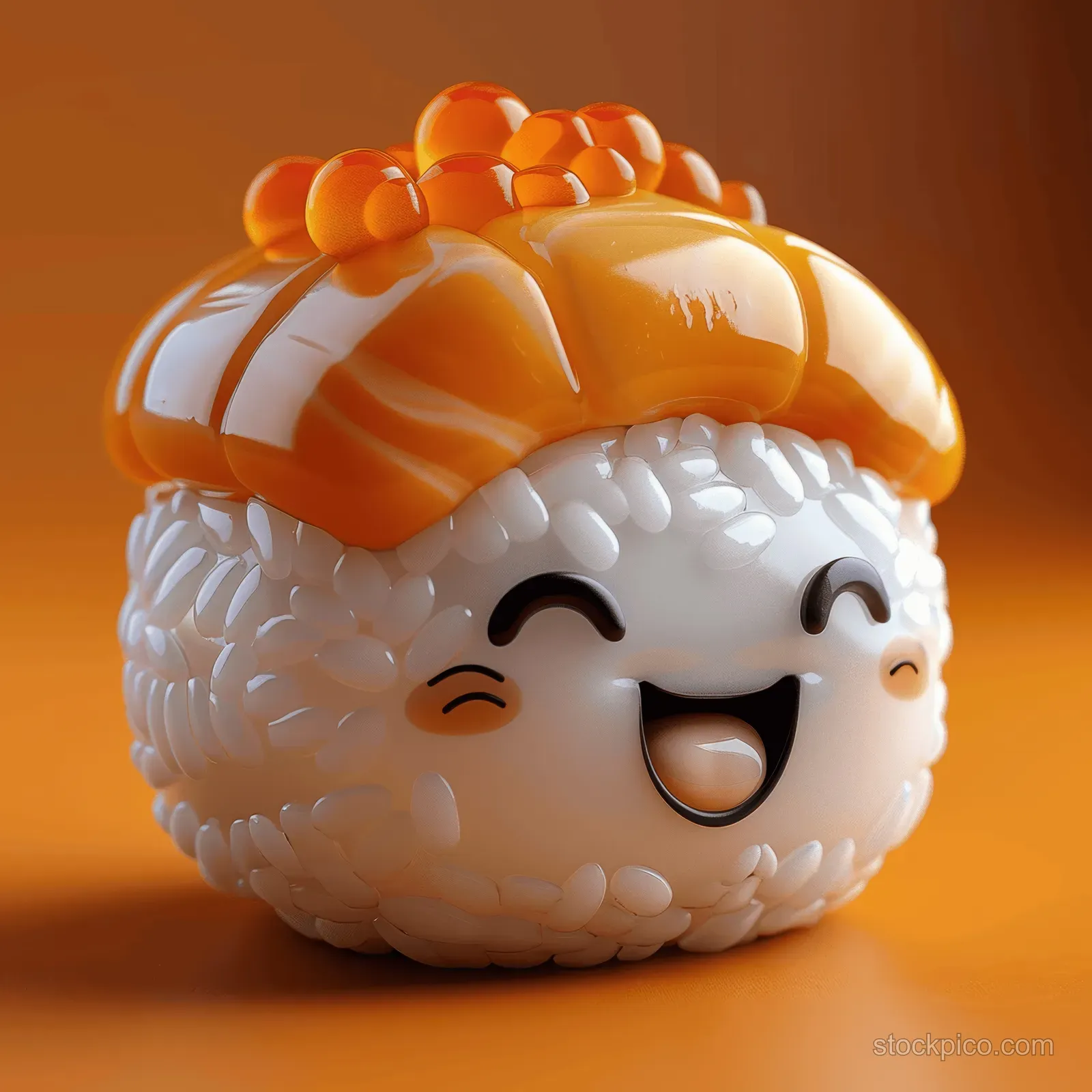 A 3D maki sushi character with big eyes and a smile on an orange solid background.