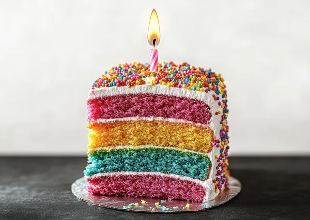 Colorful layered cake with white frosting, multicolored sprinkles, and one lit candle on a dark surface.