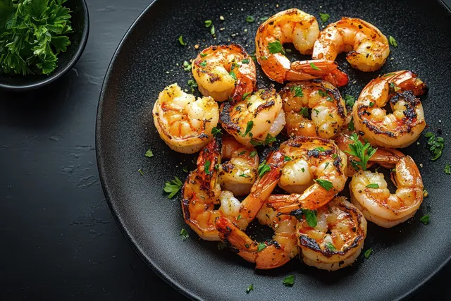 Grilled shrimp with parsley on black plate beside fresh herb bowl