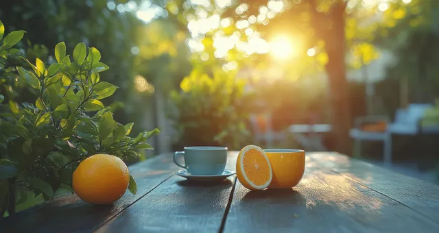 Family tea gathering in lush garden with warm sunlight and orange cups on a wooden table
