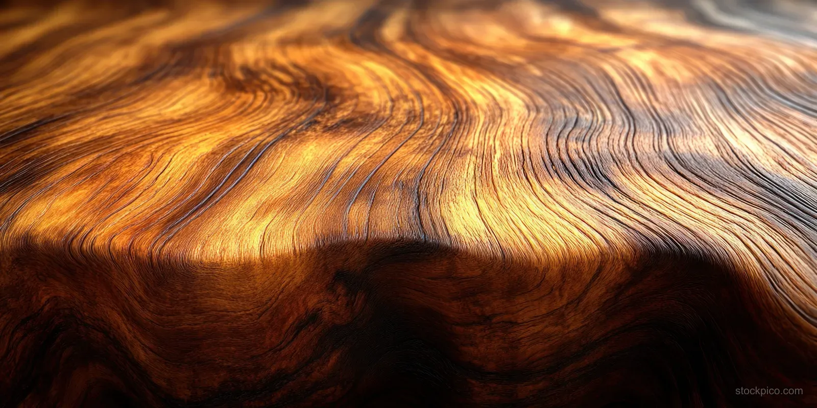 Polished walnut wood surface showing swirling grain patterns and warm brown tones in close-up.