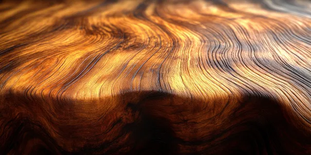 Polished walnut wood surface showing swirling grain patterns and warm brown tones in close-up.