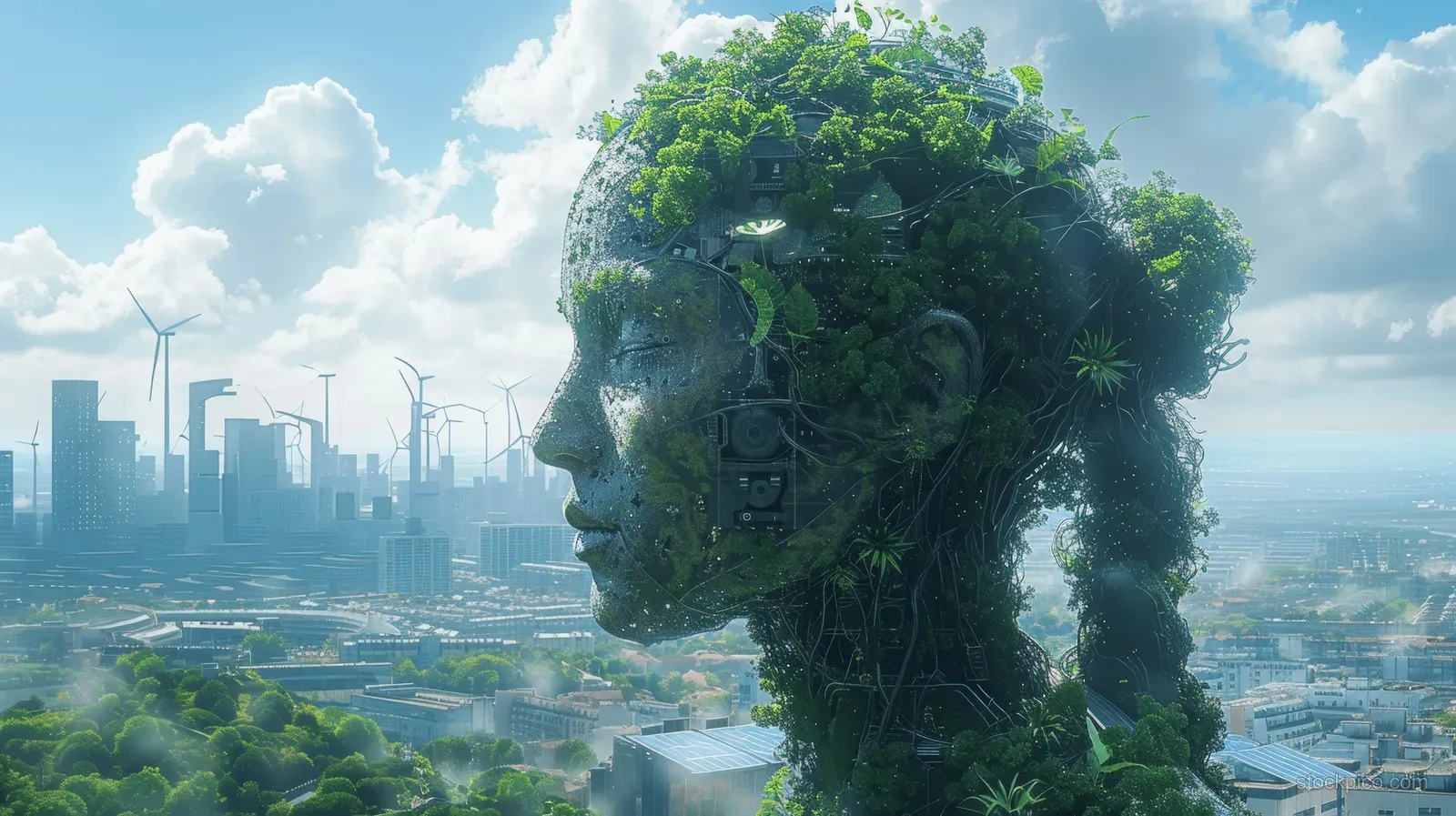 Tree-covered statue with a blank green panel stands before a futuristic city with solar panels, wind turbines, and blue sky clouds.